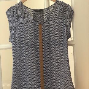 striped blouse with camel leather accent